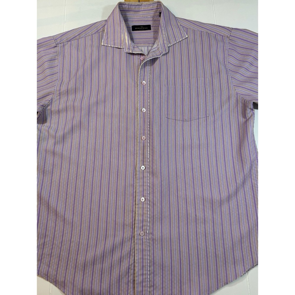 Bugatchi Uomo Shirt Men Purple Stripe Button Up Short Sleeve Size XXL